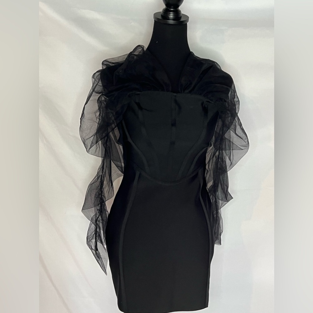 OFF THE SHOULDER MESH SLEEVED MINI BLACK DRESS (109) - Picture 2 of 4